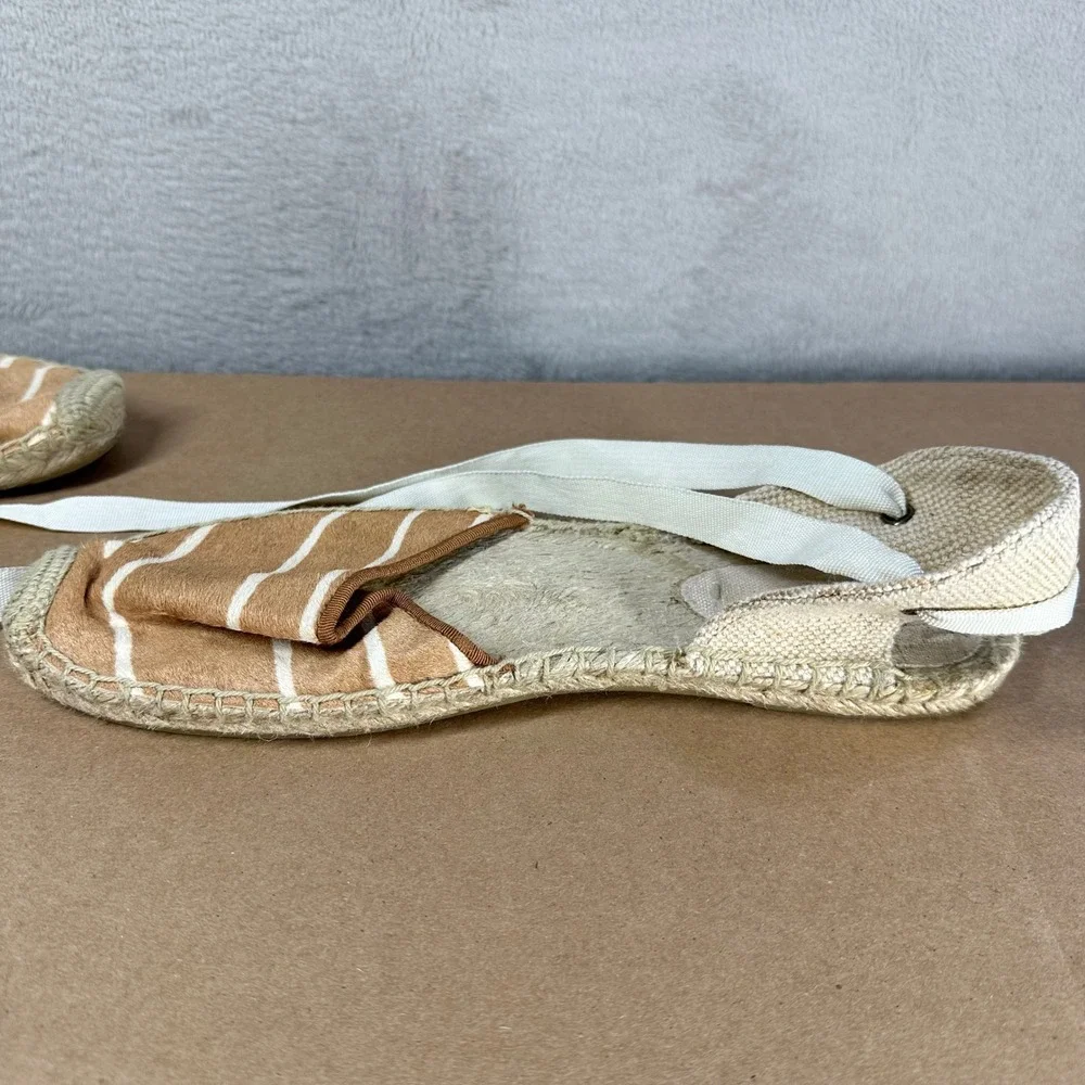 Soludos Espadrille Flats Womens 9 Tan Striped Calf Hair Ribbon Tie Coastal Boho